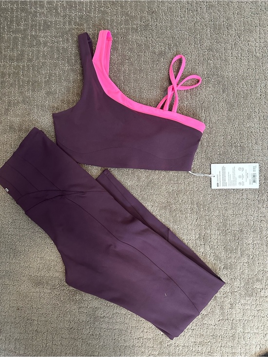 Lskd Other - LSKD One-Shoulder Sports Bra and Leggings Set - Plum with Pink Trim